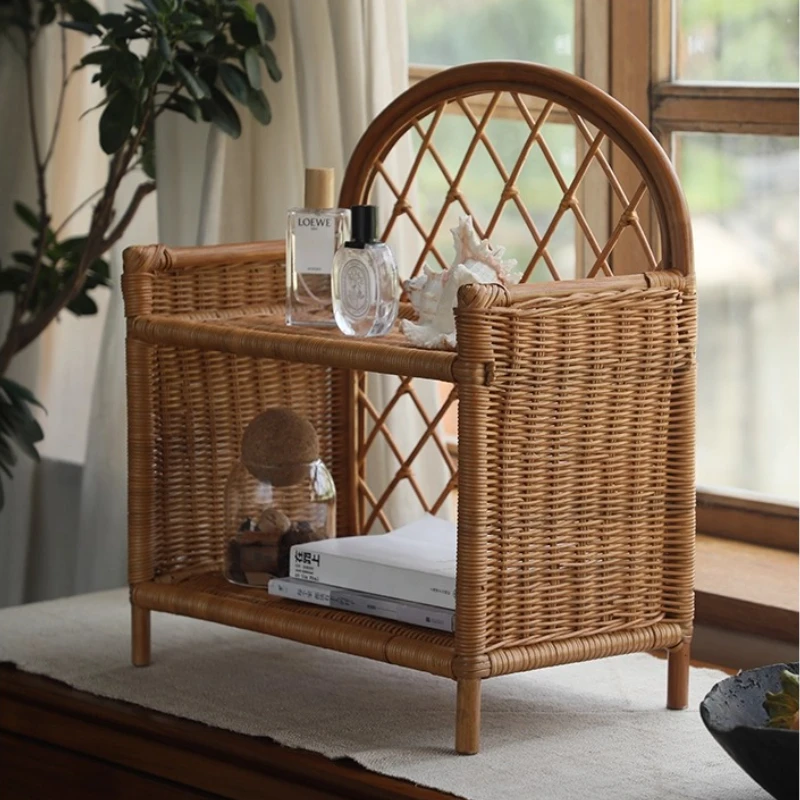

Woven Rattan 2-Tier Storage Rack Dressing Table Organizer for Perfume Home Decorative Basket Living Room Natural Magazine Rack