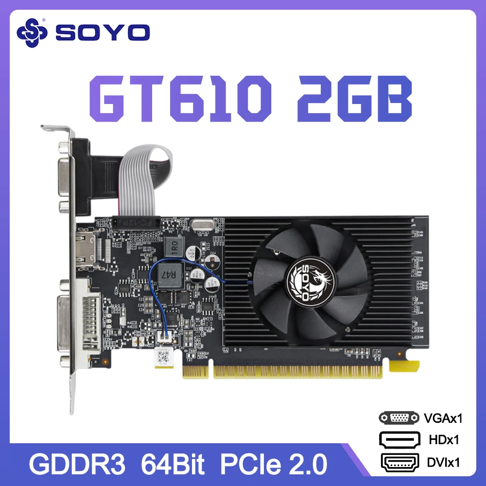 

SOYO NVIDIA GeForce GT610 2G Graphics Card DDR3 Memory GPU 64Bit PCI-E2.0 x16 Gaming Video Card for Desktop Gaming & Multimedia