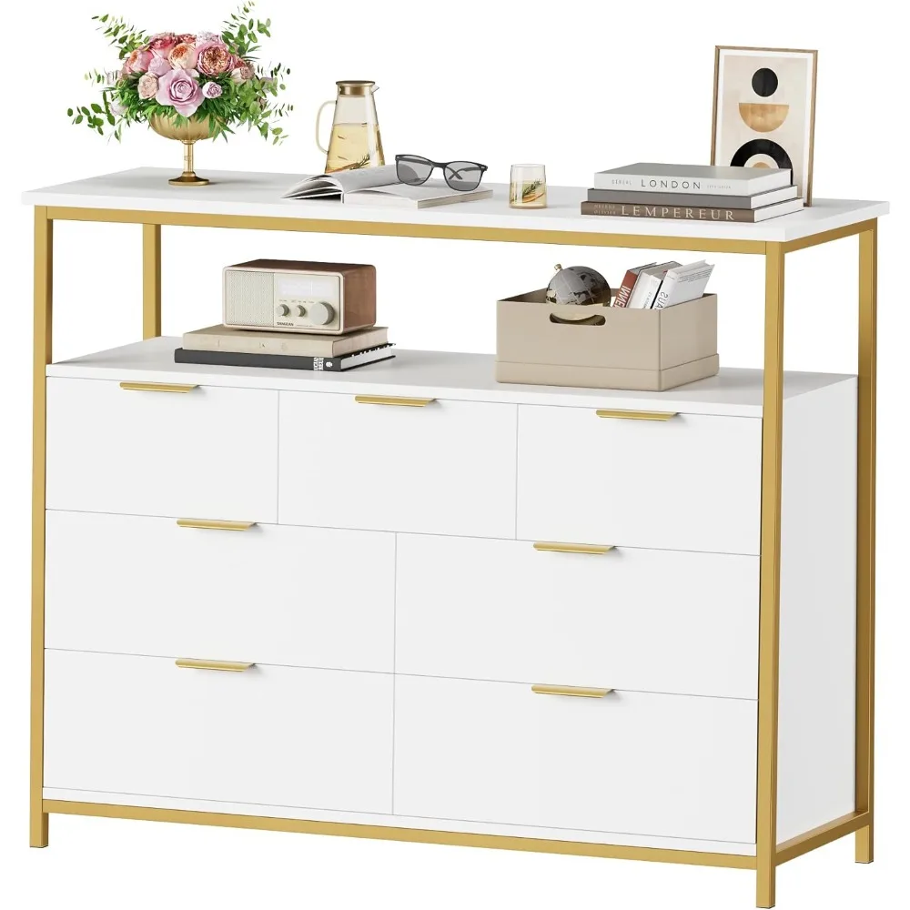 Moderne Kommode mit 7 Schubladen, weiße Kommode mit Metallgriffen, weiße und goldene Kommode, hohe Kommode, großes Fassungsvermögen