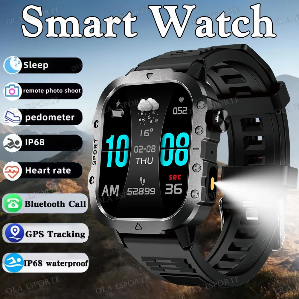 Relógio inteligente militar masculino esportes ao ar livre rastreador de fitness monitoramento de saúde 2.01 Polegada chamada bluetooth lanterna led smartwatch hw12