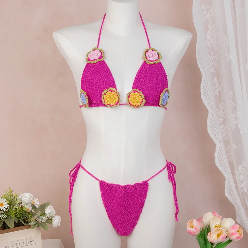 Two-piece hand-knitted three-dimensional flower Women Sexy Bikini Set Cover Up Binding Rope  Swimsuit Summer Holiday Beach Wear