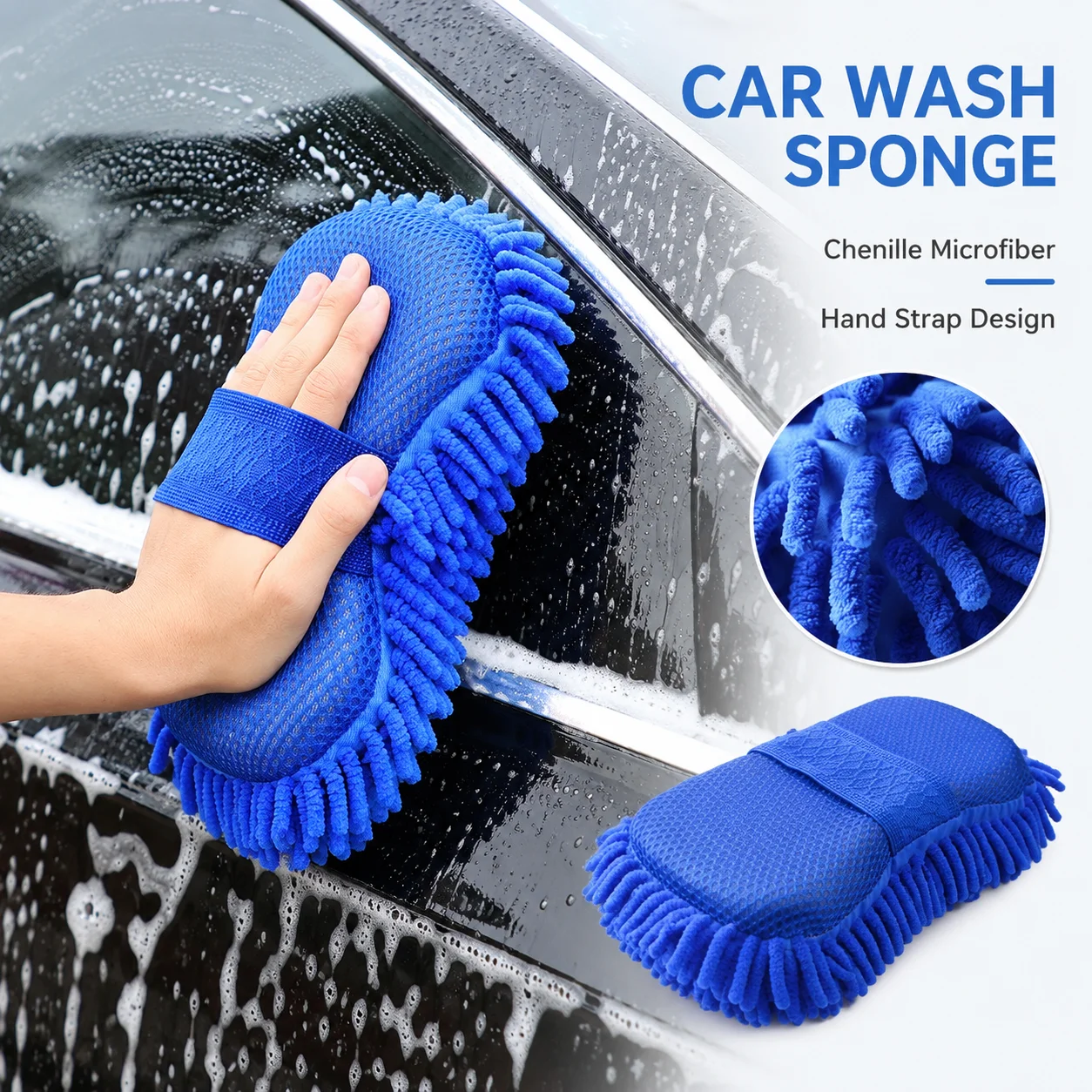 Microfiber Chenille Car Wash Sponge Pad with Hand Strap Cleaning Brush Towel Auto Washing Glove Care Accessory