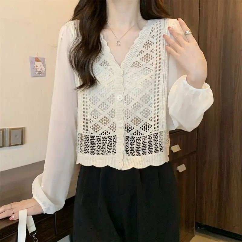 새로운 크로셰 여름 경량 니트 가디건 오픈 프론트 자외선 차단 속이 비치는 레이스 스플라이싱 루즈 탑 셔츠