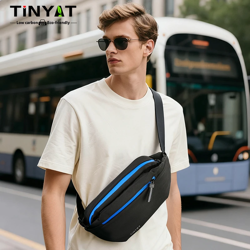 

TINYAT Men's Multi Color Waist Bag with Earphone Jack Crossbody Bag Large Capacity Polyester Sports Bag for Daily Commuting