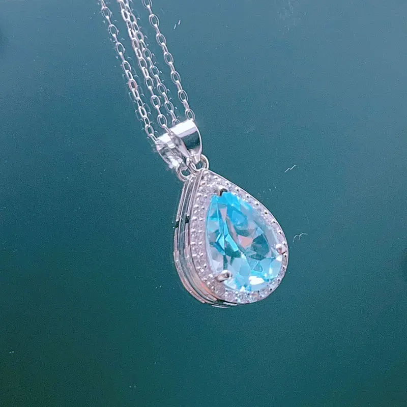 CoLife Jewelry Silver Drop Pendant for Office Woman 8x12mm Natural Blue Topaz Pendant 925 Silver Topaz Jewelry Gift for Wife