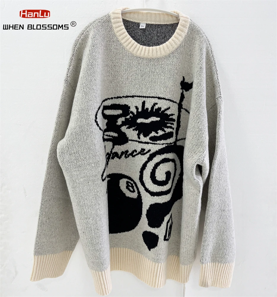 American Fashion Jacquard Sweater For Men Women Casual Y2k Long Sleeve Knit Pullover Autumn Winter Warm Sweatshirt Tops Unisex