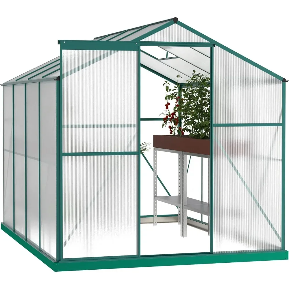 

6x8 FT Hybrid Polycarbonate Greenhouse, with Sliding Door, 2 Vent Window and Lockable Hinged Door, Walk-in Hobby Greenhouse