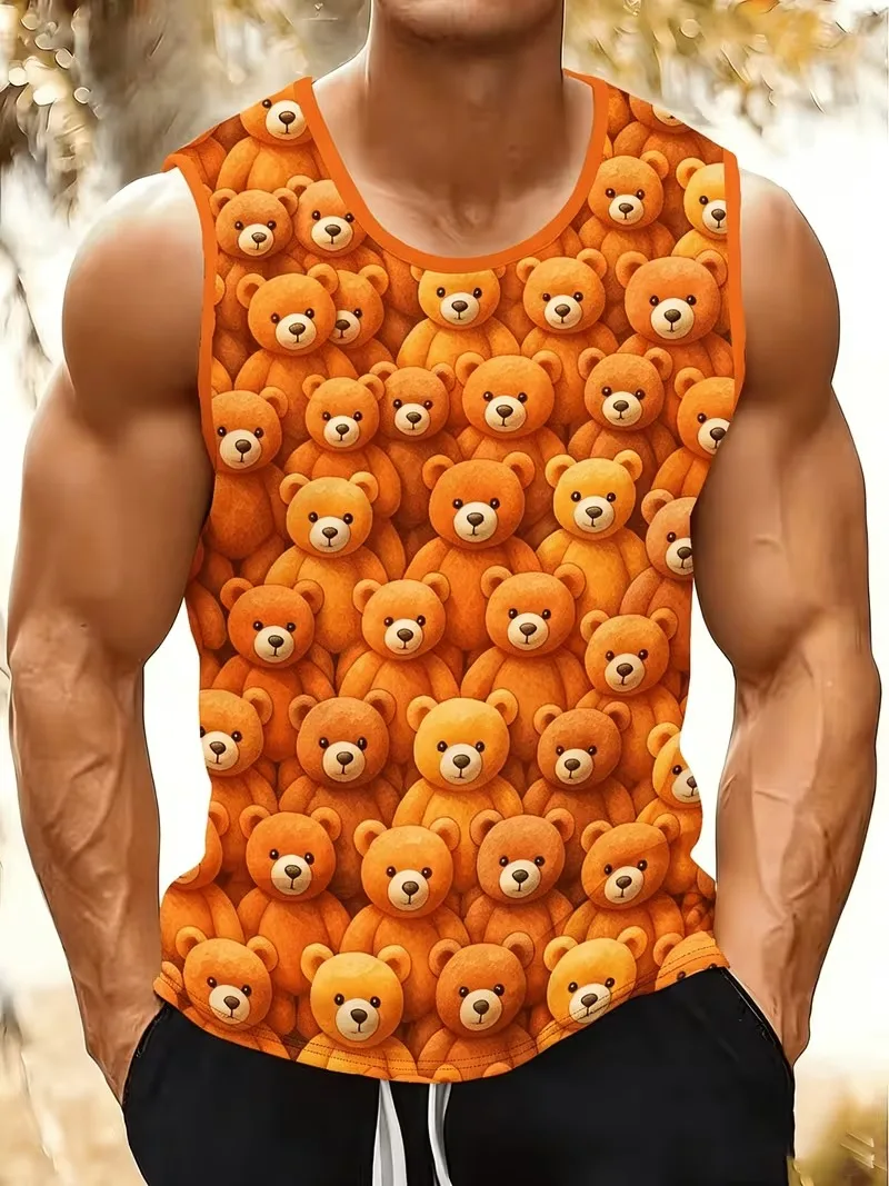  ﻿ Cute Cartoon Bear Print Tank Top For Men Personality Fashion Round Neck Sleeveless Tee Top Summer Street Loose Quick Dry Ves