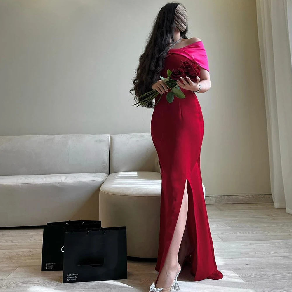 

Burgundy Straight Evening Dress with Side Slit Formal and Elegant Off The Shoulder Celebrity Dresses Jersey Prom Dresses