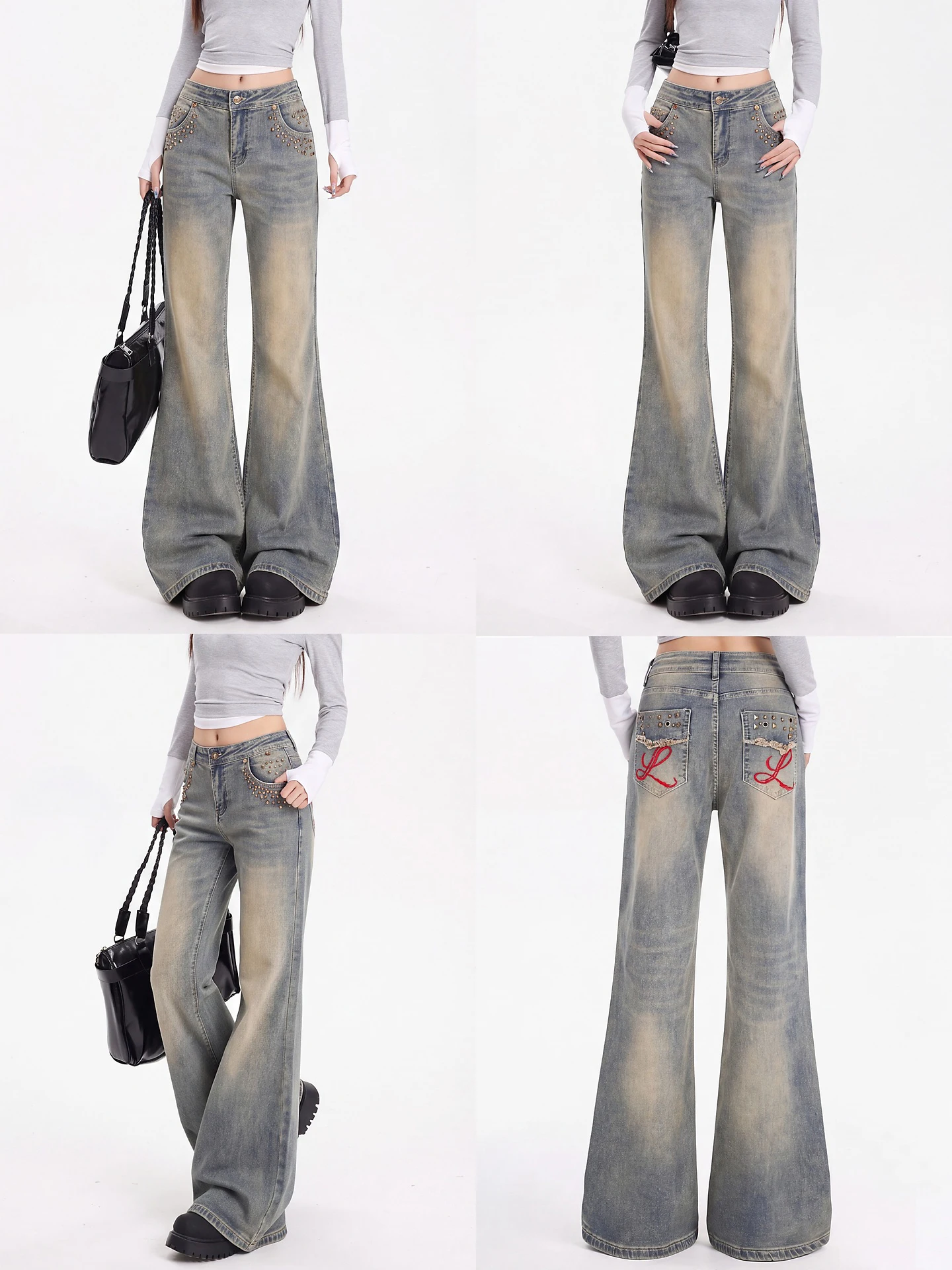 Retro American Washed Bell Bottom Jeans Women's High Waist Slimming Rivet Embroidery Jeans Casual Straight Leg Cotton Denim