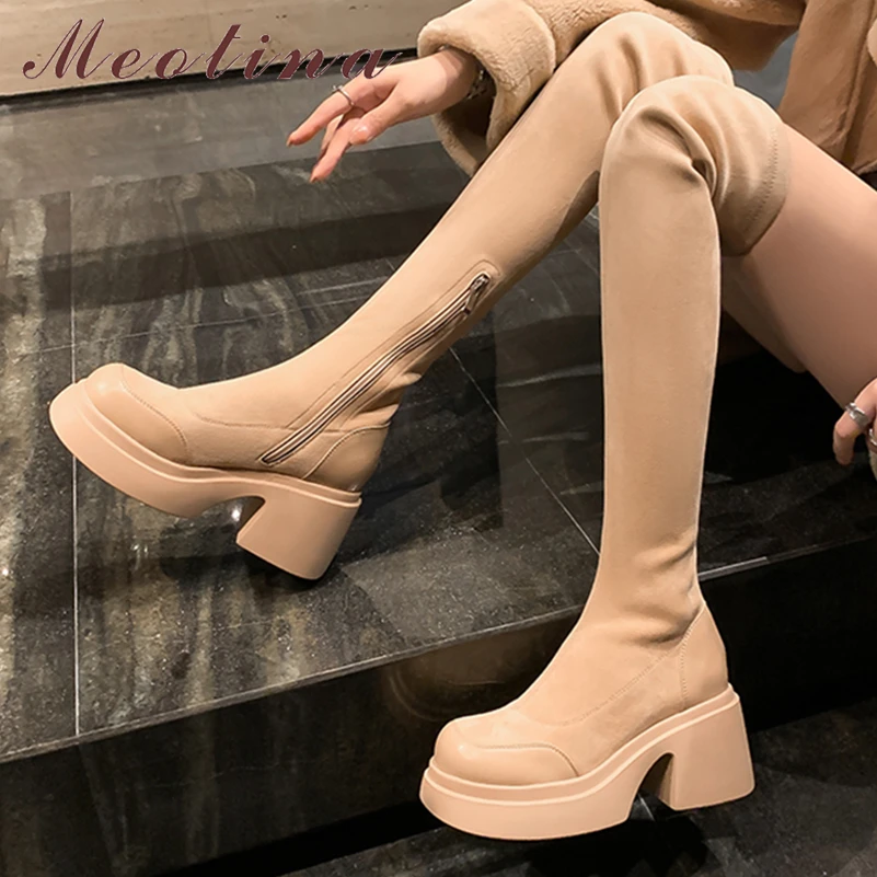 

Meotina Women Genuine Leather Over-the-Knee Long Boots Round Toe Thick High Heels Zipper Gogo Boot Ladies Autumn Winter Shoes 40