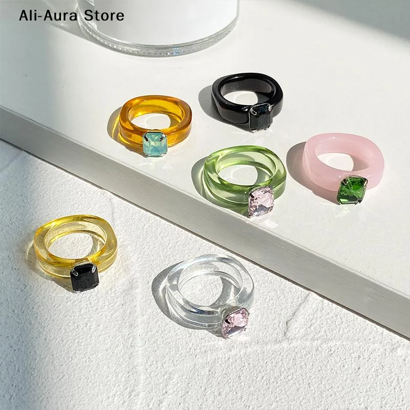 1Pcs Fashion Simple Inlaid Colorful Zircon Resin Ring Women Sweet Cute Birthday Party Commemorative Jewelry Gift