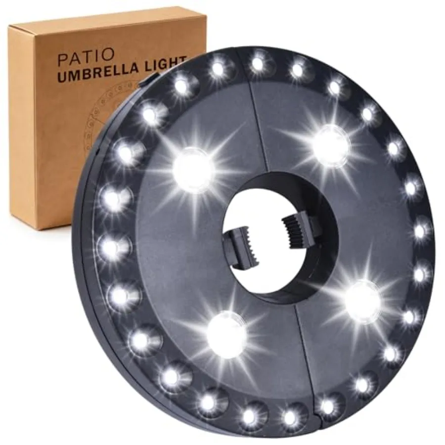 

Patio Umbrella Light 3 Brightness Modes Cordless, with 24+4 Cool White LEDs-4 * AA Battery Operated Umbrella Lights, Fits 1.15"