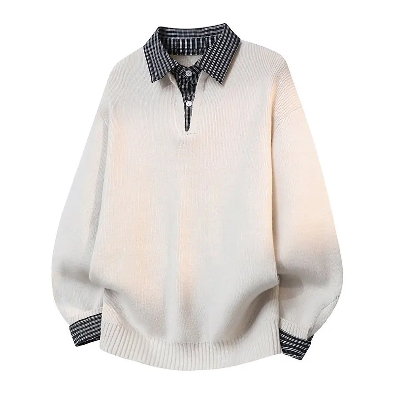 

Men's Streetwear Trendy Fake Two Piece Plaid Knit Sweater Couple Sweater Loose Polo Neck Hip Hop Knit Pullover