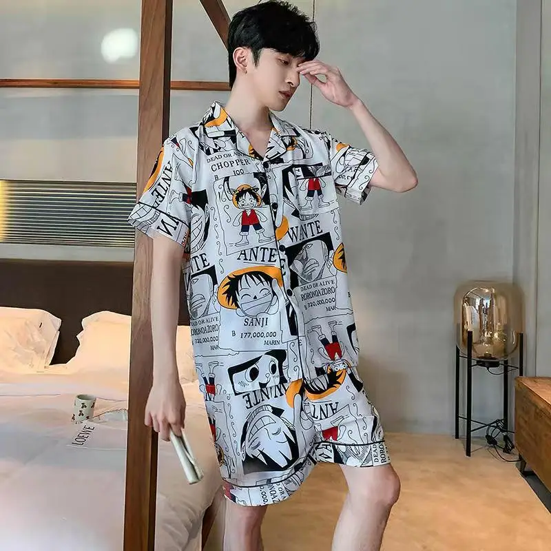 4XL Big Size Pajamas for Men Ice Silk Home Clothes Summer Thin Pyjama for Young Boy Anime Pijamas Japan Sleepwear Party Cozy