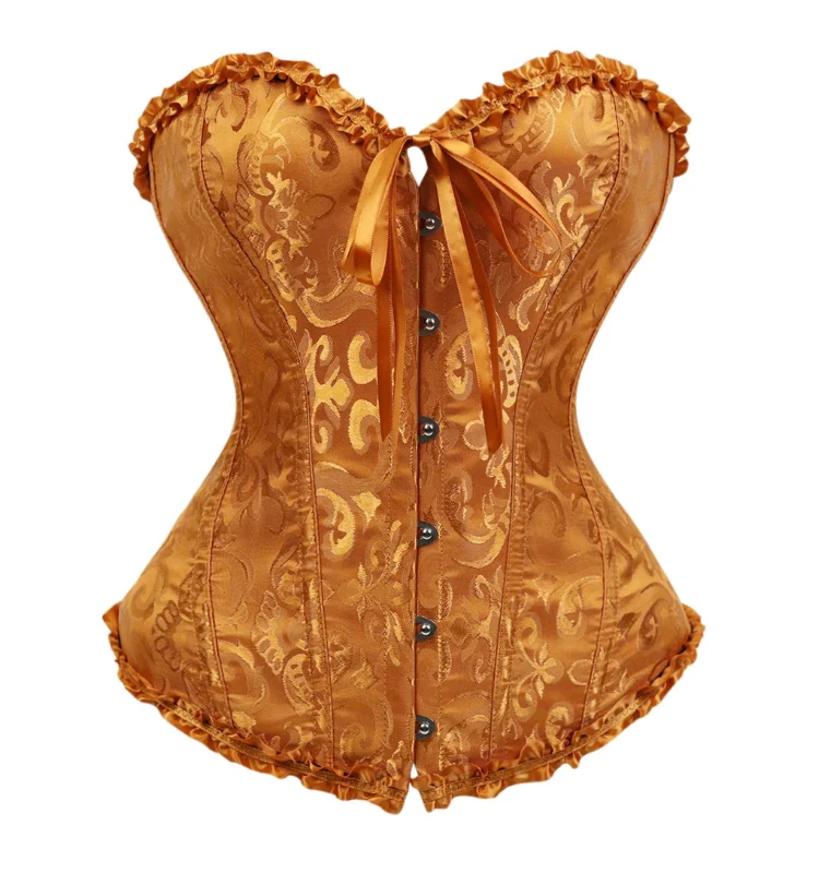 Damen-Overbust-Korsett, Vintage-Jacquard, Rüschen, Schleife vorne, Busk hinten, Schnürung, Taillenformer, Freizeit-, Party- und Alltagskleidung – Detail 16