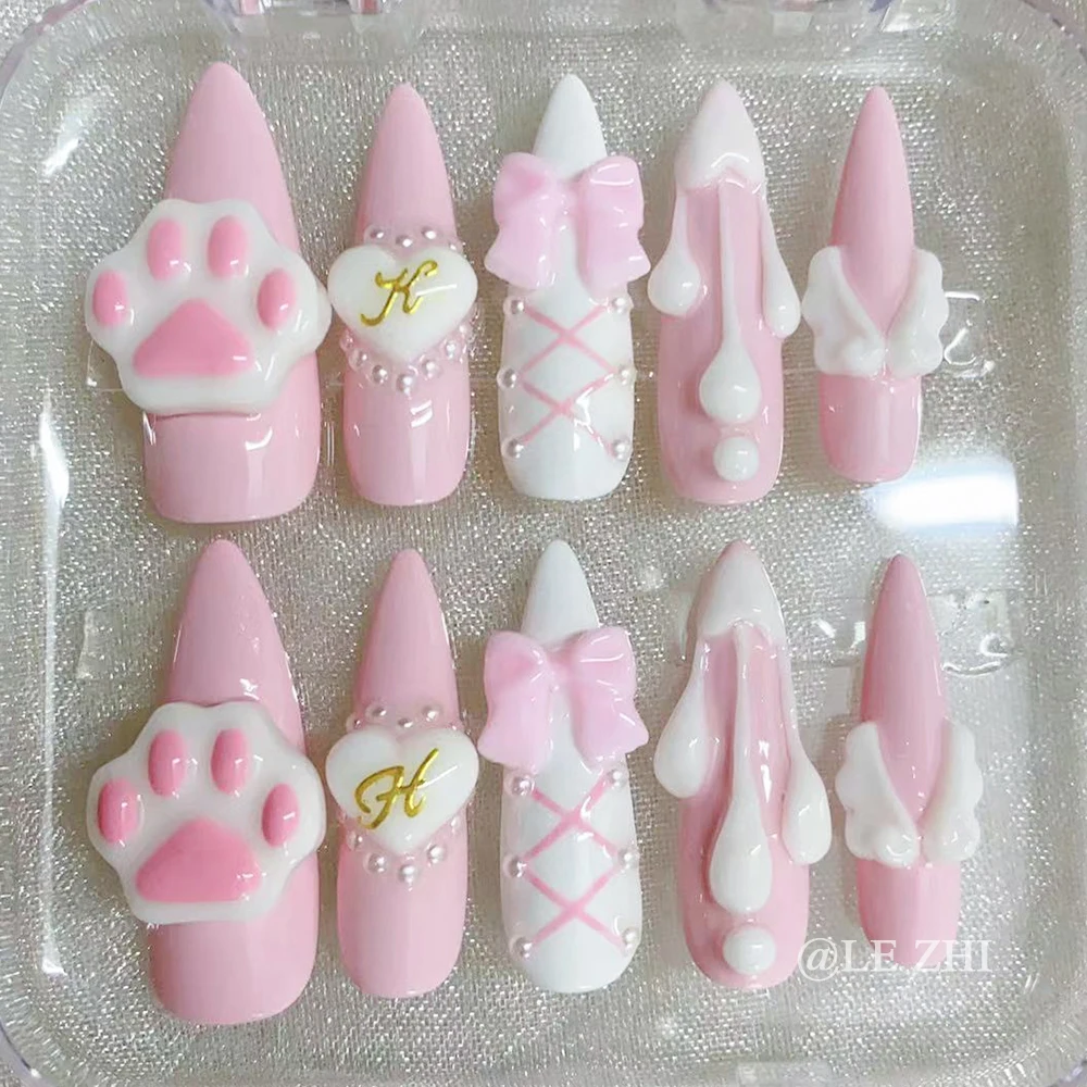 Pink Girl Kawaii Cat's Paw Press on Nails Art Lolita Cosplay Party Fully Covered Nail Patch Bow Pearl Diamond Crown Wings Nails