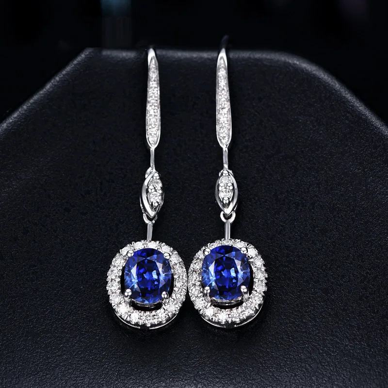 

New Fashionable Elegant Dark Blue Sapphire Gemstone Long Fashion Earrings Jewelry Wholesale