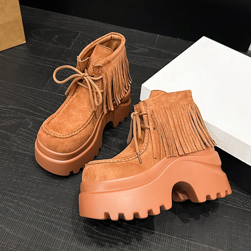 

High Heels Women Designer Ankle Boots Chunky Fashion Suede Shoes Dress 2025 Winter Brand Fringes Western Boots Mujer Zapatos