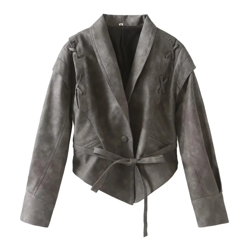 

Women's Retro Green Fruit Collar PU Leather Coat Button Detail Lace-up Tight Waist European American Style Autumn Trendy