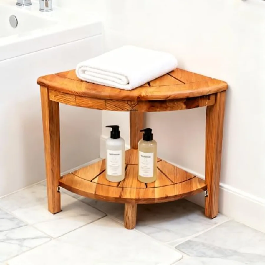 

15.75 Shower Foot Rest Solid Wood Shower Stool for Shaving Legs Corner Bath Shower Bench with Storage Shelf for Inside Small Sh