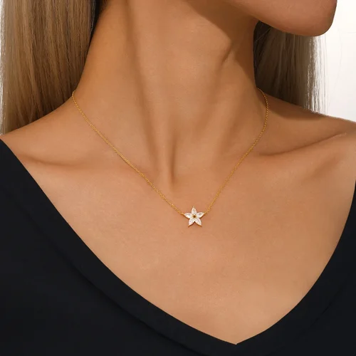 KO 925 스털링 실버 목걸이, 여성용 물방울 별, 다섯 꽃잎 꽃, 흰색 쉘, 심플한 기질, 클래식 체인 