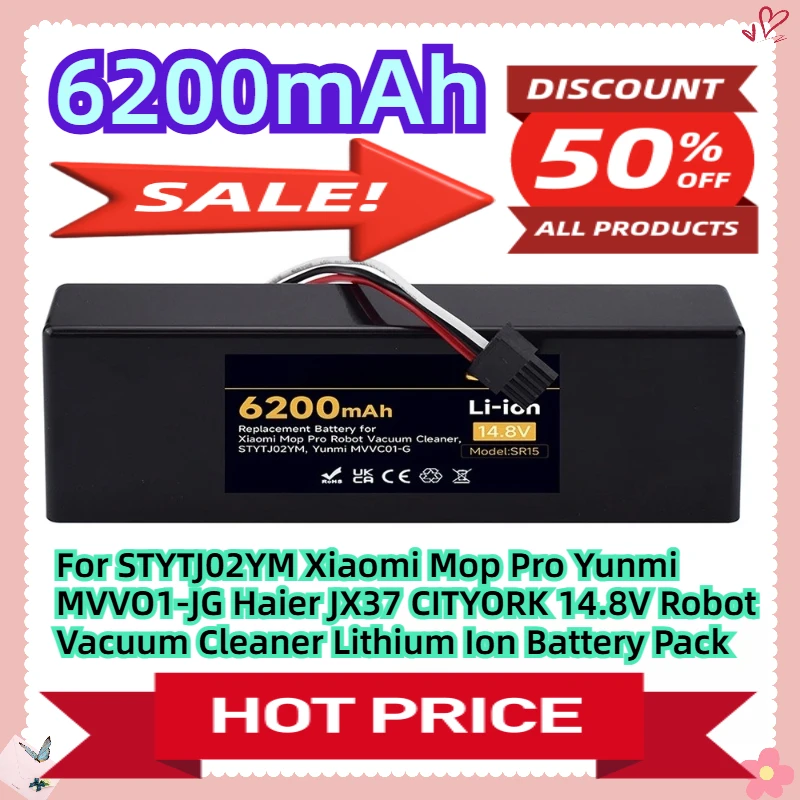 

For STYTJ02YM Xiaomi Mop Pro Yunmi MVVO1-JG Haier JX37 CITYORK 14.8V 6200mAh Robot Vacuum Cleaner Lithium Ion Battery Pack