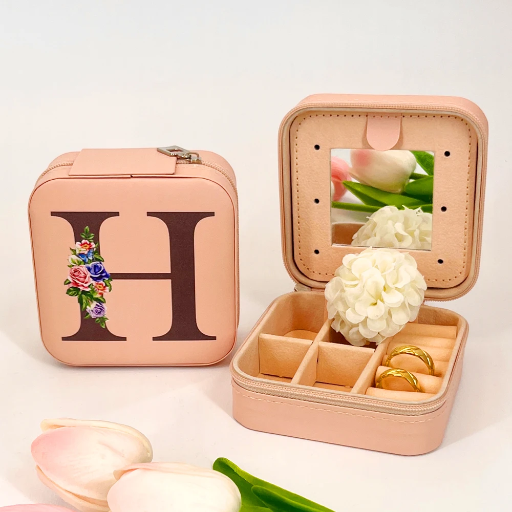 New Creative Letter Flowers Jewelry Box Earring Ring Necklace Storage Box With Mirror Leather Printed Portable Boxes for Women