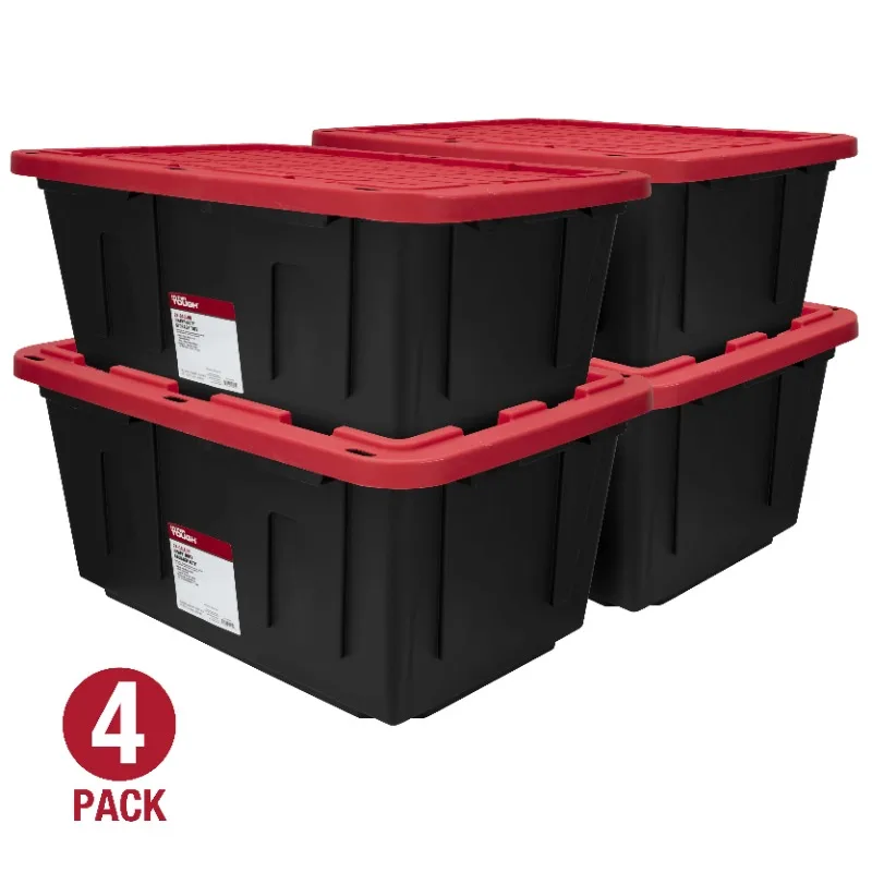 

Hyper Tough Large Storage Bin, 27 Gallon Plastic Storage Container with Snap-On Lid, Black and Red, Pack of 4