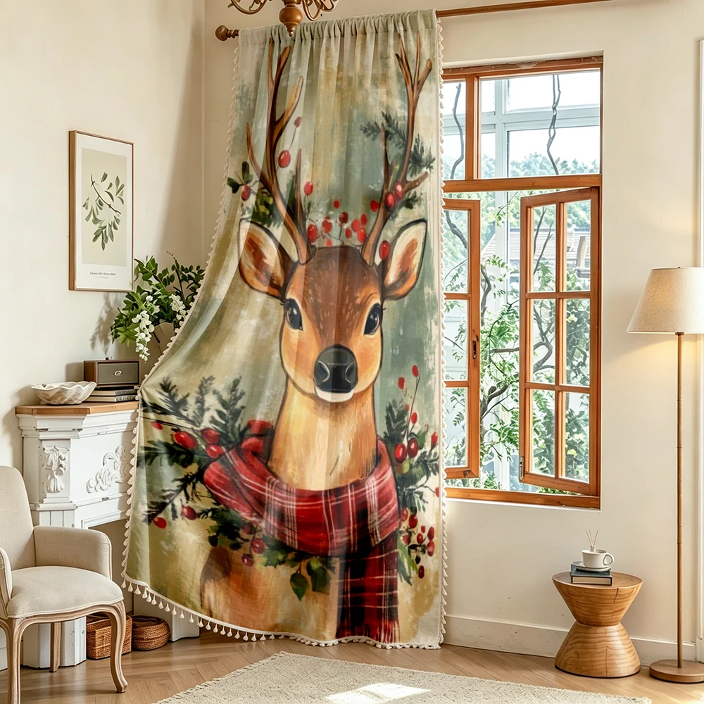 1PC Christmas Tassel Sheer Curtains, Reindeer Red Scarf Berry, Digital Print, Linen Polyester, Bedroom Living Room, Home Decor