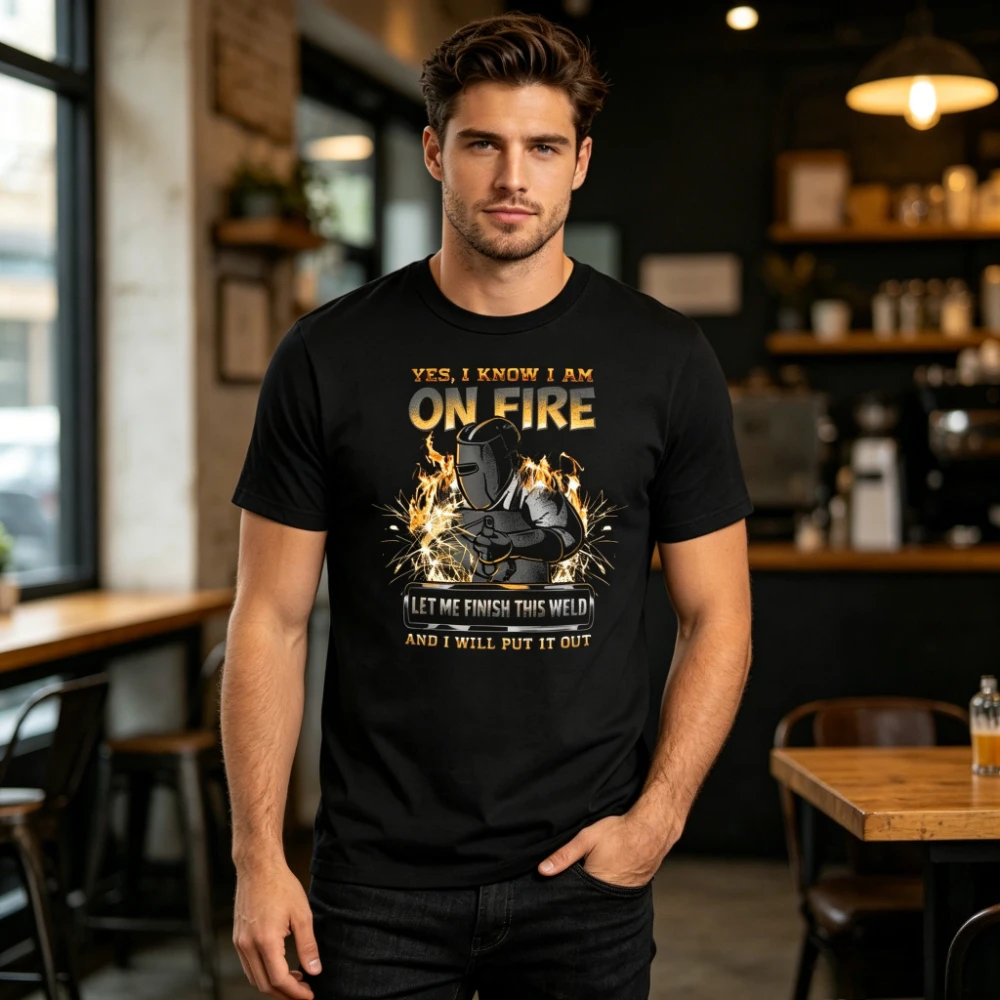 Men’s Welder Yes I Know I’m on Fire Funny Graphic T-Shirt Welding Humor Let Me Finish This Weld Tee Ironworker Casual Cotton Top