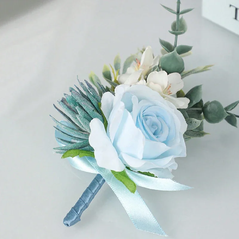 Blaue Lotus-Rosen-Corsage und Boutonniere, Abschlussball, künstliche Blume, Handgelenk-Corsage, Armbänder, Heimkehr-Corsage-Armband, Boutonniere