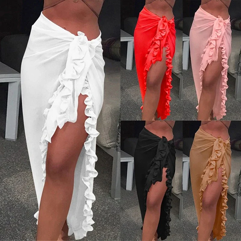 Kadın şifon See-Through plaj Bikini Cover Up Wrap eşarp mayo Pareo Sarong elbise katı fırfır rahat plaj elbise