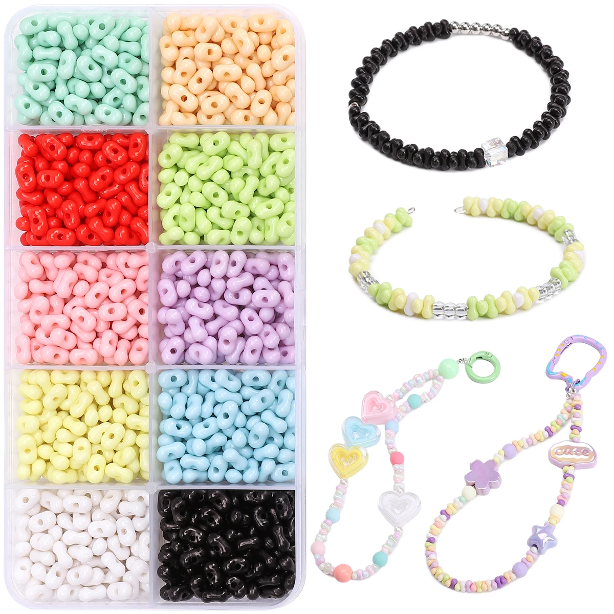 10 grid box set 4x6mm acrylic solid colored peanut rice beads Handmade DIY necklace, bracelet, mobile phone chain with beads