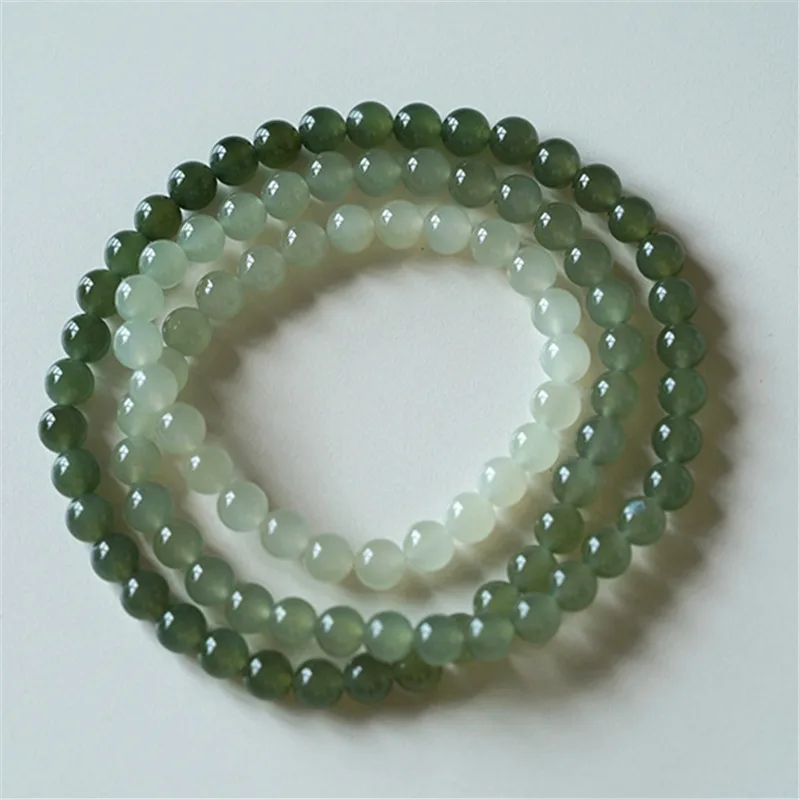 Hetian Multi- , Green And White Jade Gradient Color , Three-Loop Round Bead Bracelet Wo