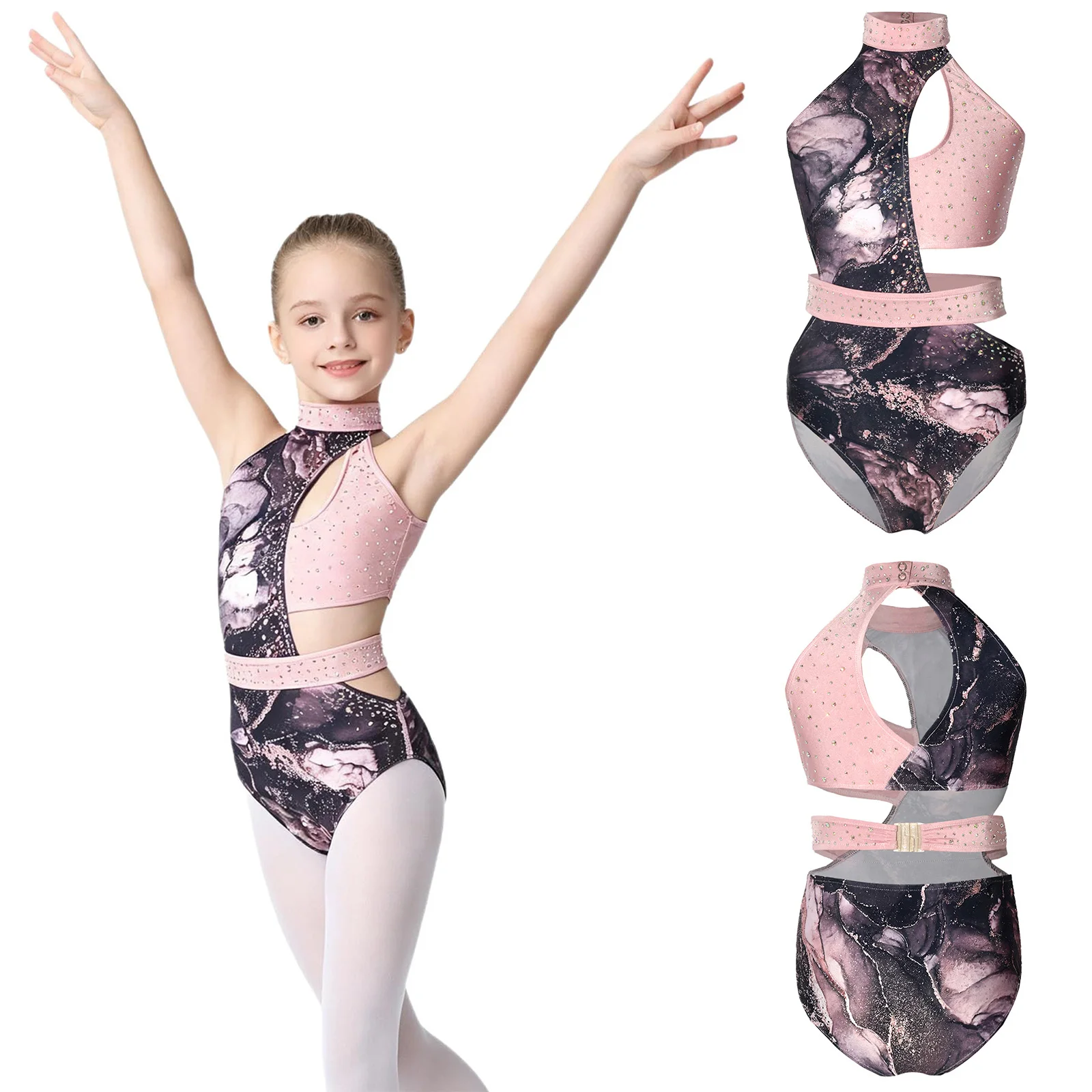 Kids Girls Ballet Dance Gymnastics Skating Acrobatics Yoga Leotard Sleeveless Print Shiny Rhinestone Cutout Bodysuit Dancewear