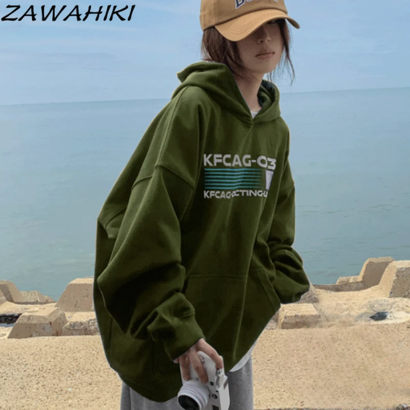 Sweatshirt Hoodies Women New Arrive Loose Oversize Preppy Spring Fall Fashion Vintage Letter Print All Match Streetwear Chic Top