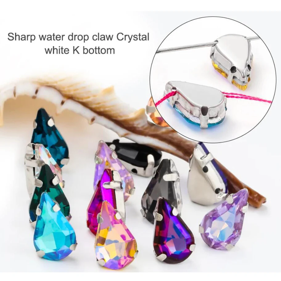 Mix Color 30pcs Crystal Glass Tear Drop Sew on Fancy Stone Silver Setting for Garment Jewelry Craft Dress