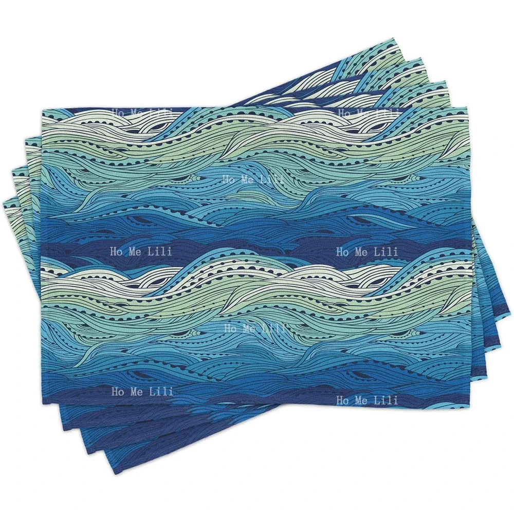 Aquatic Conceptual Ocean Themed Artwork Hand Drawn Waves Seascape Maritime Placemats For Dining Room Table Decor