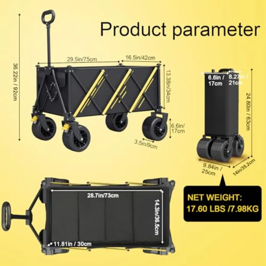 Carro pieghevole e pieghevole per uso esterno resistente: carrello da giardino portatile con grandi ruote da spiaggia per tutti i terreni e D integrato