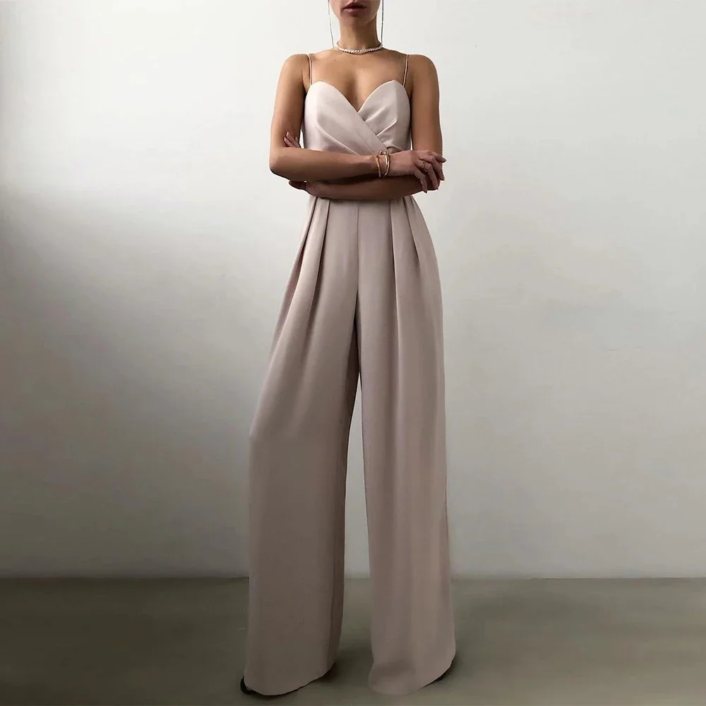 

CPSYMYM Jumpsuits Summer Skinny Fit Chic Folds Sleeveless Sweetheart Neck Full Length Wide Leg Casual Jumpsuits For Women