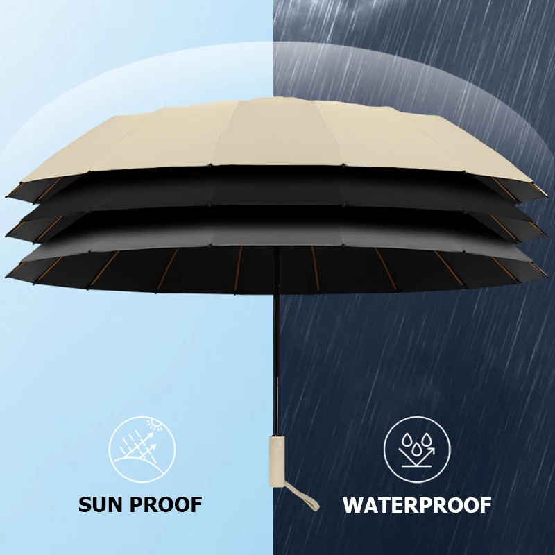 Large Windproof Fold UV Umbrella for Men Women Fully Automatic Waterproof Sunproof UV Umbrella Rain Strong 16K Black