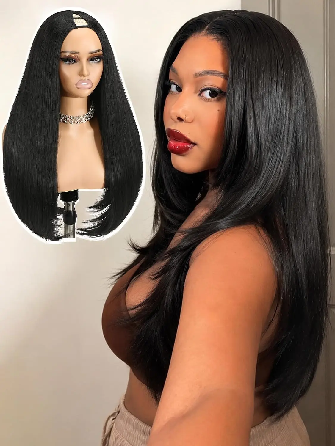 Quantum Love Half Wig Yaki Straight V Part Wig Inward Curl Ends Layered Synthetic Hair Black 24In