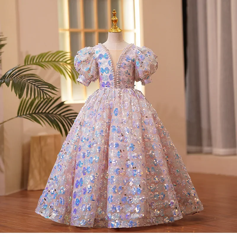 Girl's dress Heavy 2023 spring children's birthday host dress flower child catwalk little girl princess dress