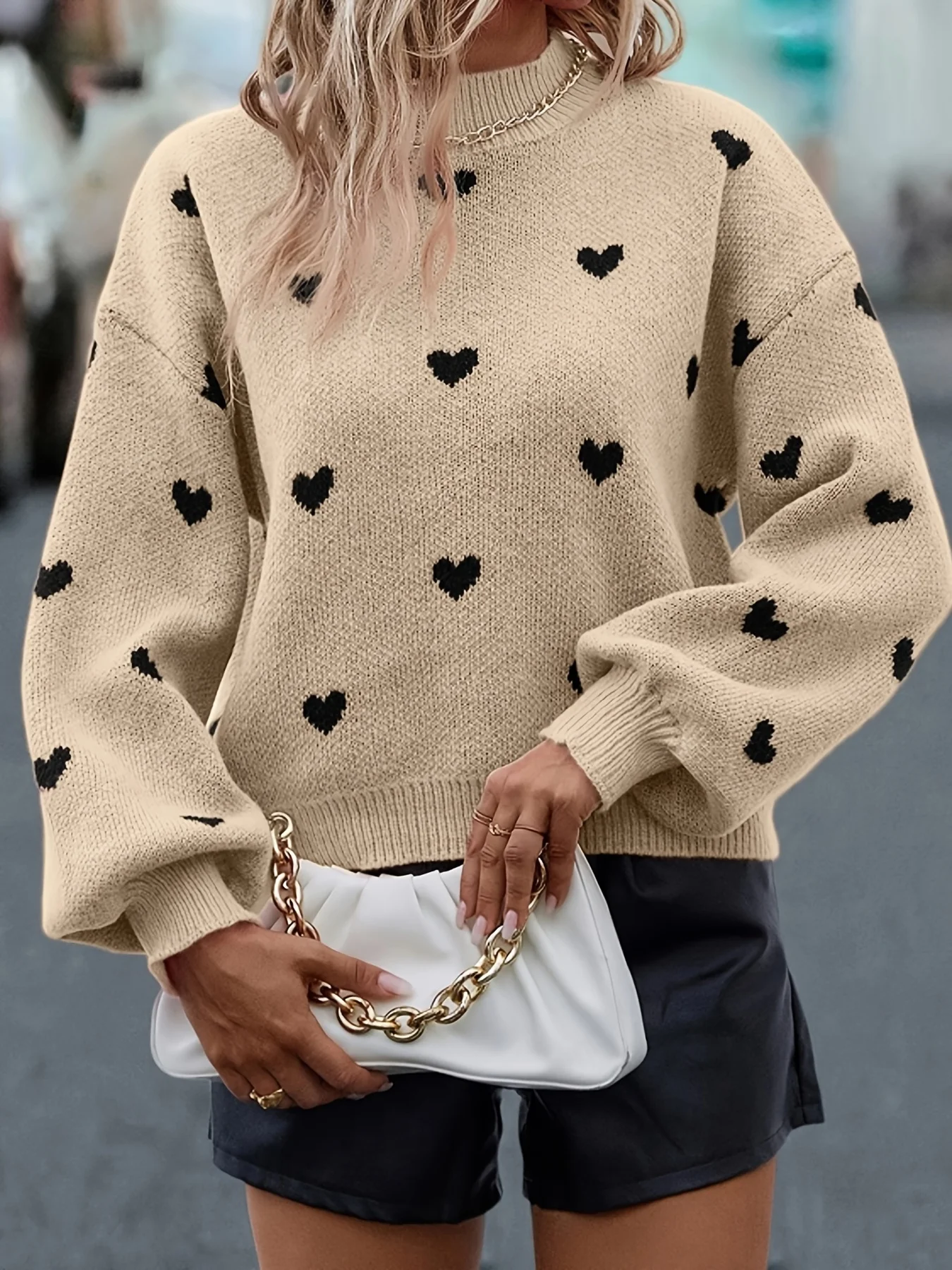 Cute Black Heart Graphic Sweater, Drop Shoulder Long Sleeve Casual Sweater For Fall & Winter, Women\'s Clothing