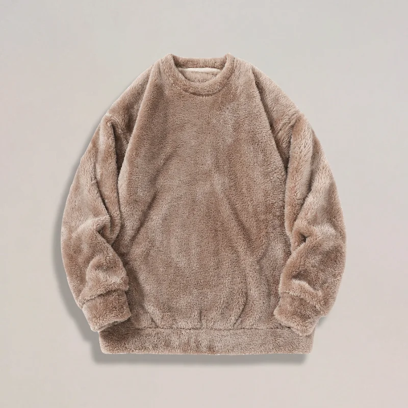 

Round neck sweatshirt for men versatile plush warm loose pullover long sleeve solid color top