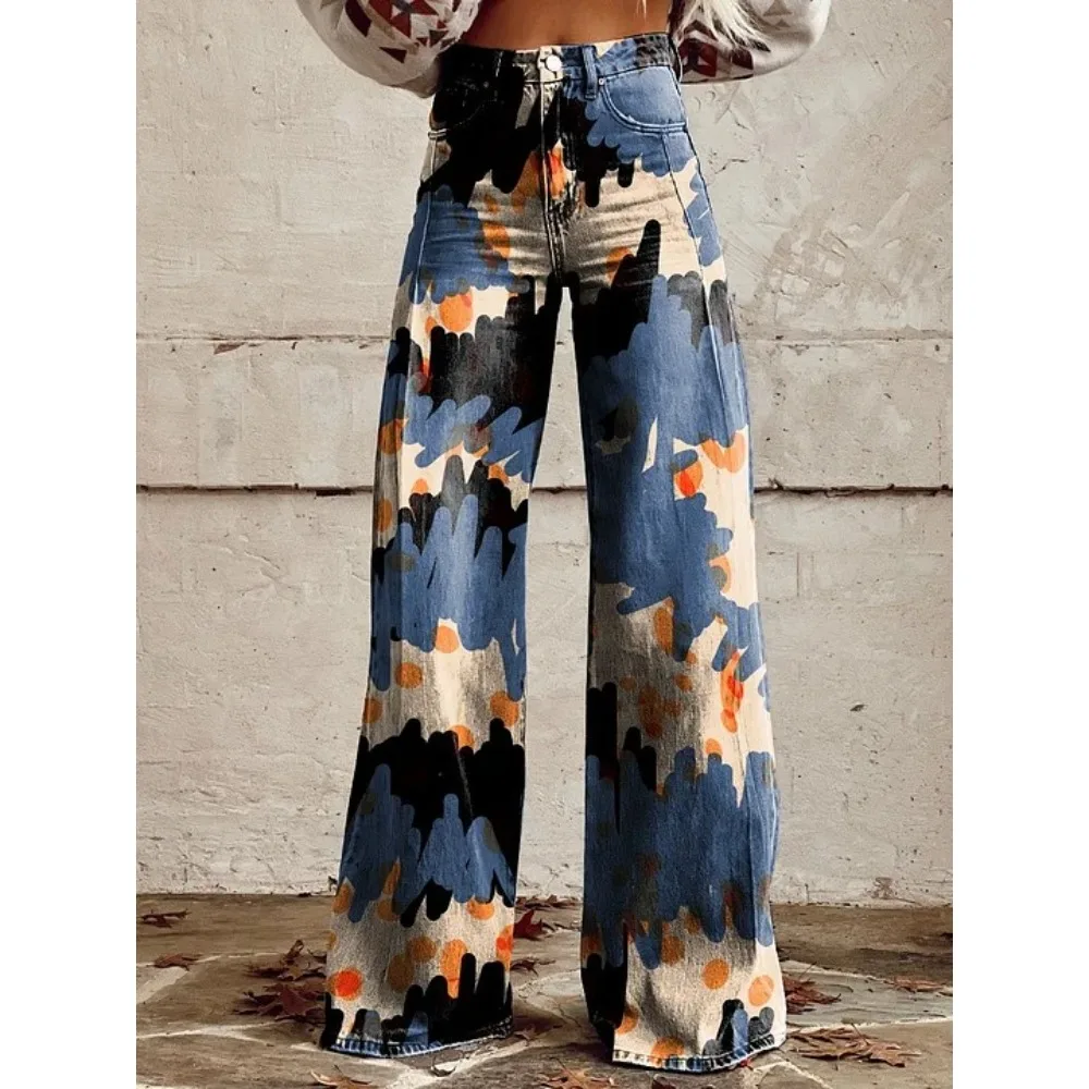 Women Y2K Tie-Dye Graffiti Print High Waist Wide Leg Pants Gradient Color Streetwear Casual Loose Trousers with Pockets XXS-3X;
