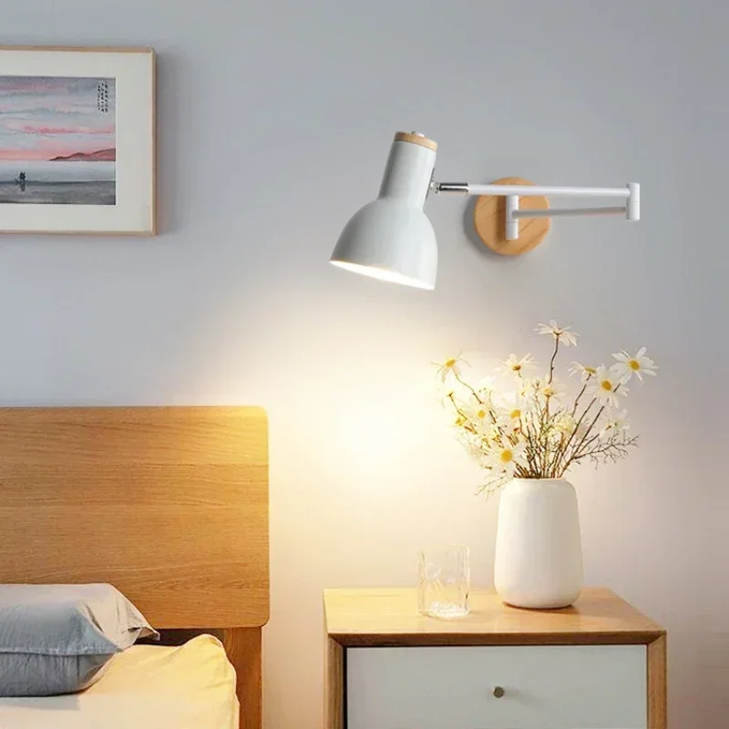 

Swing long arm LED wall lamp solid wood wall light for living room bedroom bedside foyer home indoor decor sconce lighting