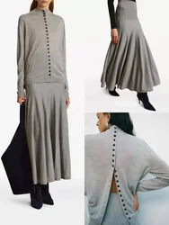 Women's Set 2024 New 100% Wool Single Breasted Loose Casual Cardigans or High Elastic Waist Simple Maxi Skirt