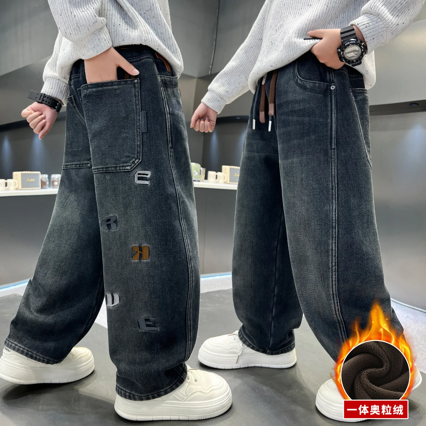 

Корейские зимние утепленные джинсы для мальчиков с надписью для детей, утепленные джинсовые брюки на флисовой подкладке, детские прямые термобрюки